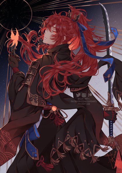 Anime picture 827x1169 with genshin impact diluc ragnvindr lux casari single long hair tall image fringe hair between eyes red eyes looking away ponytail red hair boy gloves ribbon (ribbons) weapon hair ribbon sword black gloves insect