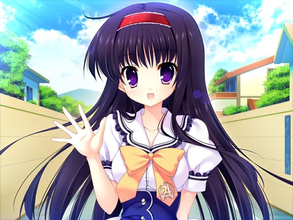 Anime picture 1024x768 with yuyukana yuyuzuki ako mitha long hair open mouth black hair purple eyes game cg girl