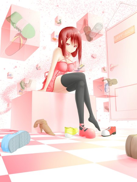 Anime picture 1302x1736 with noppi (noppi 98) single long hair tall image red eyes brown hair bare shoulders full body red hair crossed legs girl thighhighs hair ornament shoes hairclip
