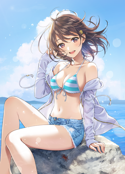 Anime picture 1289x1788 with original morikura en single tall image looking at viewer blush fringe short hair breasts open mouth light erotic smile hair between eyes brown hair sitting bare shoulders brown eyes signed sky cleavage