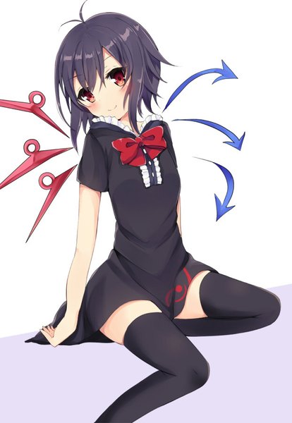 Anime picture 621x900 with touhou houjuu nue asanagi kurumi (panda-doufu) single tall image looking at viewer blush fringe short hair black hair smile red eyes white background sitting ahoge zettai ryouiki girl thighhighs dress black thighhighs