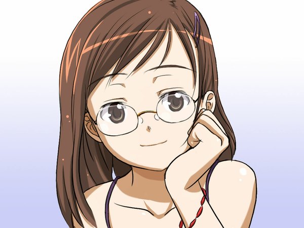 Anime picture 1024x768 with tagme (copyright) single looking at viewer fringe simple background smile brown hair brown eyes chin rest girl hair ornament glasses bracelet hairclip