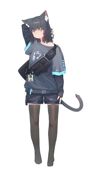 Anime picture 2374x4096 with original puremage single tall image looking at viewer highres black hair simple background white background animal ears full body tail animal tail multicolored hair cat ears cat girl cat tail grey eyes no shoes streaked hair