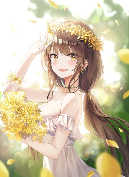 Anime picture 728x1000 with original minari (lmina09) single long hair tall image looking at viewer fringe breasts open mouth light erotic smile brown hair large breasts standing yellow eyes outdoors blunt bangs :d arm up sunlight