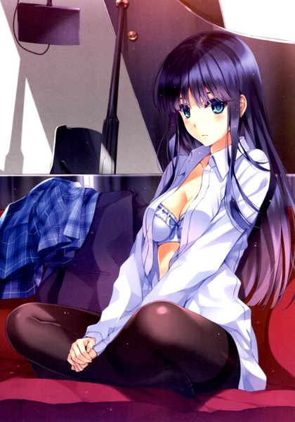 Anime picture 1975x2824 with white album white album 2 touma kazusa misaki kurehito single long hair tall image looking at viewer blush highres blue eyes light erotic black hair sitting scan open clothes open shirt no shoes plaid skirt indian style