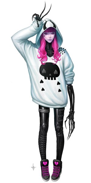 Anime picture 600x1200 with original adriandadich single long hair tall image looking at viewer fringe simple background standing white background pink hair pink eyes horn (horns) lacing heart print skull print girl boots heart hood