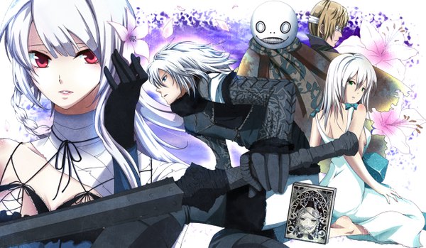 Anime picture 1300x758 with nier kaine (nier) nier (young) emil (no.7) grimoire weiss yonah emil no.7 long hair short hair blue eyes blonde hair red eyes brown hair wide image multiple girls green eyes white hair hair flower back