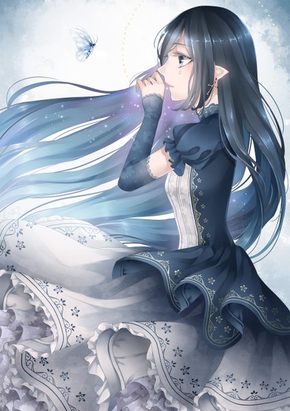Anime picture 1000x1414 with original pixiv fantasia pixiv fantasia fallen kings stari single long hair tall image blue eyes black hair profile pointy ears girl dress earrings insect butterfly