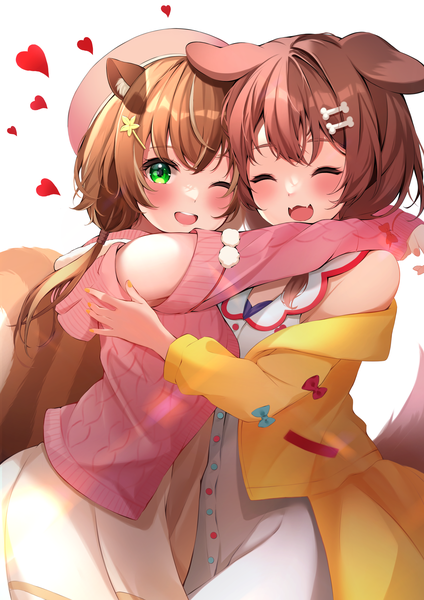 Anime picture 2480x3508 with virtual youtuber hololive hololive indonesia inugami korone ayunda risu takumin dx long hair tall image looking at viewer blush highres short hair open mouth simple background brown hair white background multiple girls green eyes animal ears tail