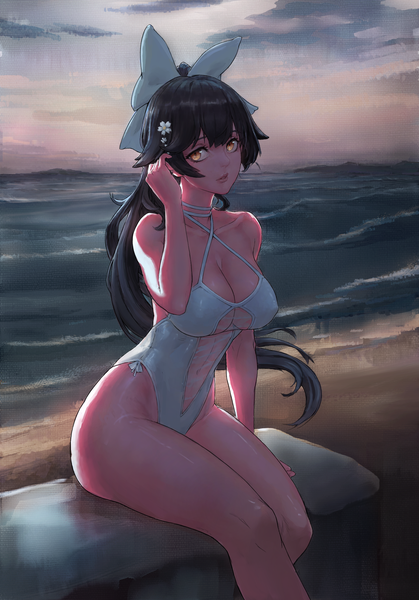 Anime picture 1734x2483 with azur lane takao (azur lane) takao (beach rhapsody) (azur lane) wiidstep single long hair tall image looking at viewer fringe highres breasts light erotic black hair large breasts sitting payot sky cloud (clouds) outdoors ponytail