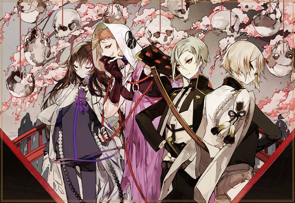 Anime picture 1000x690 with touken ranbu nitroplus higekiri (touken ranbu) hizamaru (touken ranbu) iwatooshi juzumaru tsunetsugu mo (mocopo) long hair fringe short hair black hair blonde hair smile hair between eyes eyes closed profile grey hair orange hair multiple boys cherry blossoms