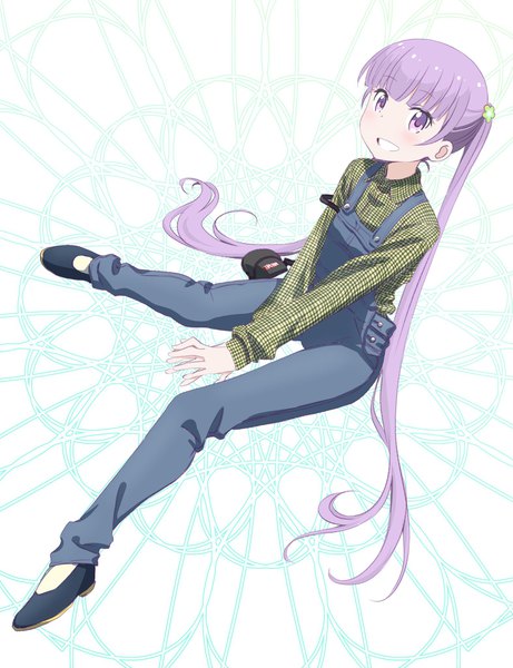 Anime picture 1575x2048 with new game! doga kobo suzukaze aoba pink x single long hair tall image looking at viewer fringe smile white background sitting purple eyes twintails purple hair full body blunt bangs long sleeves very long hair grin