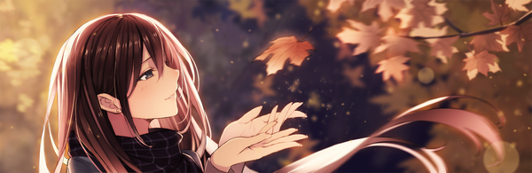 Anime picture 1495x488 with original pen (steelleets) single long hair blush brown hair wide image brown eyes wind autumn girl scarf leaf (leaves) branch maple leaf