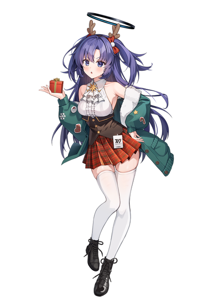 Anime picture 1200x1697 with blue archive yuuka (blue archive) pine (angel4195202) single long hair tall image blue eyes simple background white background purple hair full body pleated skirt horn (horns) open jacket :o two side up zettai ryouiki hand on hip plaid skirt christmas