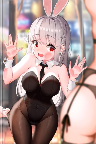 Anime picture 1667x2500 with original lee seok ho long hair tall image looking at viewer blush fringe breasts open mouth light erotic red eyes large breasts standing animal ears silver hair blunt bangs bunny ears thigh gap covered navel symbol-shaped pupils