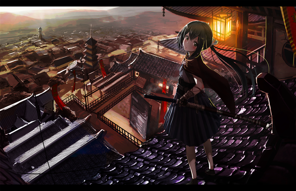 Anime picture 2000x1291 with original oota youjo single long hair looking at viewer blush fringe highres black hair hair between eyes standing holding brown eyes full body outdoors ponytail pleated skirt looking back from above city