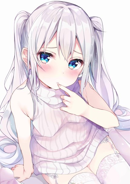 Anime picture 1534x2165 with original rouka (akatyann) single long hair tall image looking at viewer blush fringe breasts blue eyes simple background hair between eyes white background sitting bare shoulders payot silver hair fingernails from above arm support