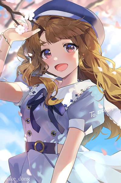 Anime picture 982x1478 with idolmaster idolmaster million live! miyao miya sake dong single long hair tall image looking at viewer blush open mouth brown hair upper body :d pink eyes wind puffy sleeves cherry blossoms girl dress beret