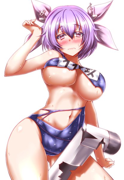 Anime picture 900x1300 with touhou nagae iku zan (harukahime) single tall image looking at viewer blush short hair breasts light erotic simple background large breasts white background pink eyes aqua hair wet embarrassed girl navel bow