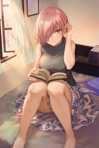 Anime picture 3042x4536 with fate (series) fate/grand order mash kyrielight mashuu (neko no oyashiro) single tall image looking at viewer blush fringe highres short hair breasts light erotic sitting purple eyes pink hair absurdres bent knee (knees) indoors barefoot