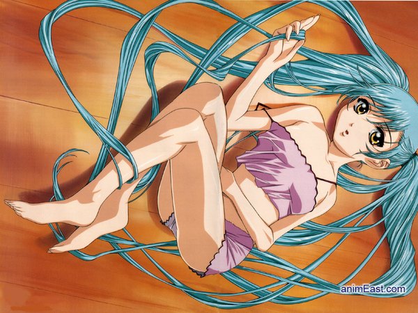 Anime picture 1024x768 with martian successor nadesico xebec hoshino ruri gotoh keiji looking at viewer light erotic twintails bare shoulders yellow eyes lying very long hair aqua hair girl