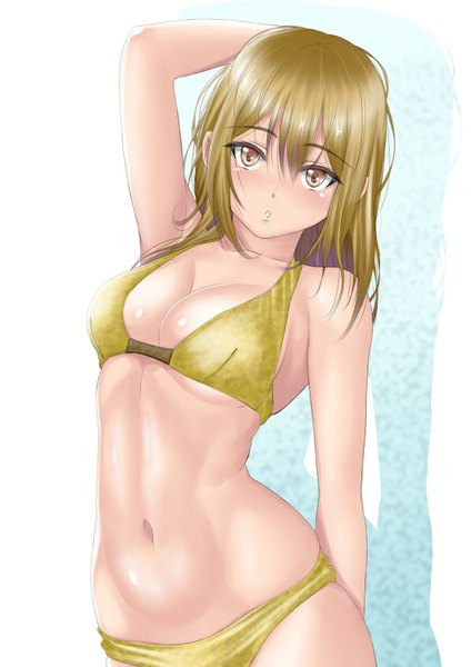 Anime picture 595x841 with original muffin (sirumeria) single long hair tall image looking at viewer breasts light erotic blonde hair yellow eyes girl navel swimsuit bikini