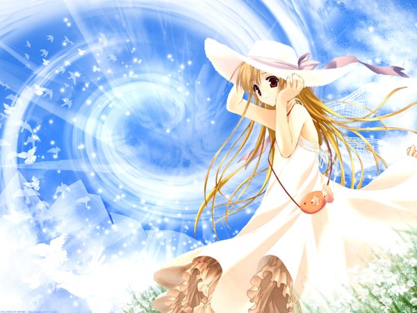 Anime picture 1280x960 with happy breeding yukino (happy breeding) iwasaki kouji single long hair looking at viewer fringe blonde hair standing bare shoulders holding brown eyes sky cloud (clouds) outdoors wind sunlight dutch angle turning head flat chest