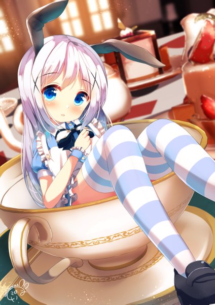 Anime picture 3420x4844 with gochuumon wa usagi desu ka? white fox kafuu chino chinomaron single long hair tall image looking at viewer blush fringe highres open mouth blue eyes signed animal ears payot absurdres silver hair bent knee (knees) indoors