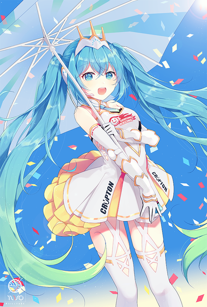 Anime picture 677x1000 with vocaloid goodsmile racing goodsmile company hatsune miku racing miku racing miku (2015) silltare single tall image looking at viewer fringe open mouth blue eyes hair between eyes standing twintails blue hair very long hair gradient hair girl