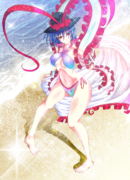 Anime picture 1800x2500 with touhou nagae iku sousakubito single tall image highres short hair light erotic red eyes standing blue hair beach girl navel bow ribbon (ribbons) swimsuit hat bikini