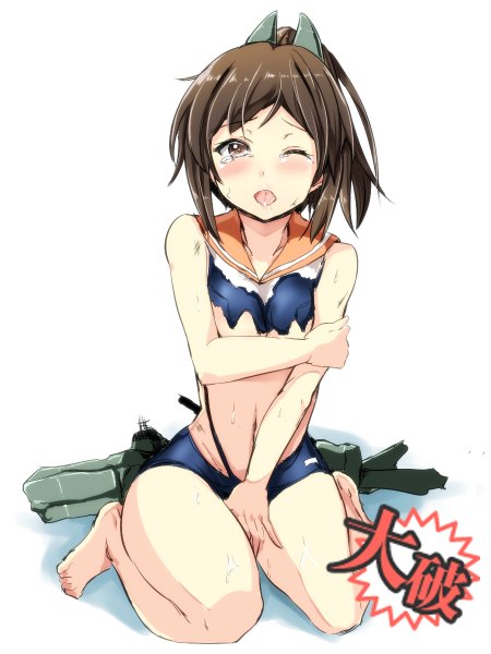 Anime picture 900x1200 with kantai collection i-401 aircraft carrying submarine gin'ichi (akacia) single long hair tall image blush open mouth light erotic brown hair sitting brown eyes ponytail one eye closed barefoot wink tears torn clothes wariza covering