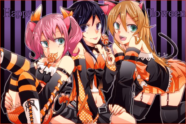 Anime picture 1500x999 with ore no imouto ga konna ni kawaii wake ga nai kousaka kirino aragaki ayase kurusu kanako tundereyuina (artist) black hair blonde hair purple eyes multiple girls green eyes animal ears pink hair cat ears halloween happy halloween girl thighhighs detached sleeves food sweets