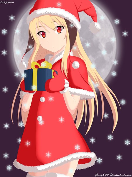 Anime picture 1524x2041 with sakura-sou no pet na kanojo j.c. staff shiina mashiro gray699 single long hair tall image blonde hair red eyes fur trim coloring snowing christmas girl hat fur moon full moon gift santa claus hat