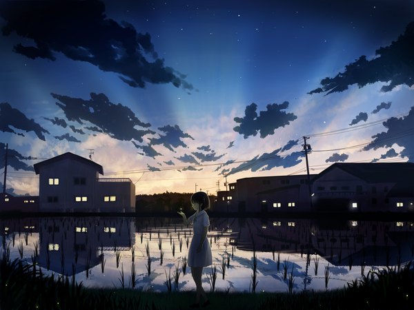 Anime picture 1512x1134 with original gensuke (ryun) single short hair black hair smile sky cloud (clouds) profile black eyes reflection morning sunrise girl uniform plant (plants) water serafuku insect building (buildings)