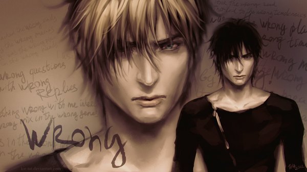 Anime picture 1366x768 with original kir-tat (artist) short hair blue eyes black hair brown hair wide image brown eyes looking away inscription sad boy