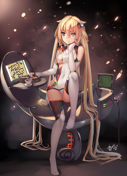 Anime picture 1729x2383 with google original musynexsk single tall image looking at viewer blush fringe highres light erotic blonde hair smile hair between eyes sitting twintails bare shoulders signed full body bent knee (knees) braid (braids)