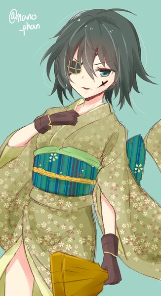Anime picture 490x900 with kantai collection kiso light cruiser takehana note single tall image looking at viewer short hair black hair signed traditional clothes japanese clothes aqua eyes facial mark aqua background girl gloves black gloves kimono obi eyepatch