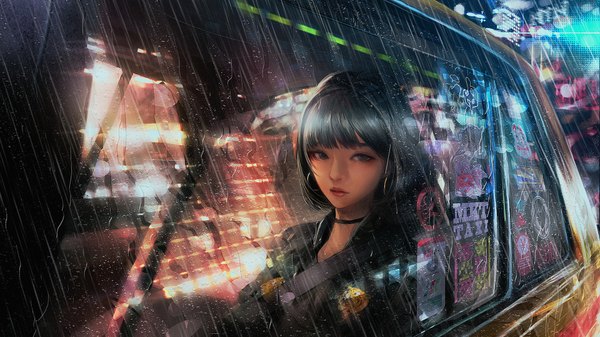Anime picture 1920x1080 with original wataboku single looking at viewer fringe highres short hair black hair wide image sitting upper body blunt bangs parted lips lips black eyes night wallpaper city reflection rain