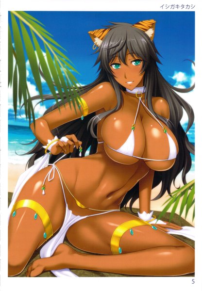 Anime picture 2079x3000 with ishigaki takashi single long hair tall image looking at viewer highres breasts light erotic black hair large breasts sitting bare shoulders green eyes animal ears sky cloud (clouds) barefoot bare belly beach dark skin