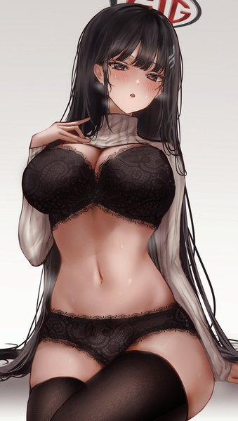 Anime picture 2150x3800 with blue archive rio (blue archive) at congju single long hair tall image looking at viewer blush fringe highres breasts open mouth light erotic black hair red eyes large breasts white background sitting blunt bangs long sleeves