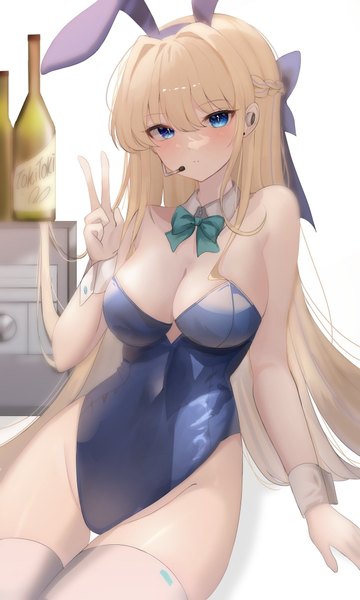 Anime picture 615x1024 with blue archive toki (blue archive) toki (bunny) (blue archive) habetto (jvzt7737) single long hair tall image looking at viewer blush fringe breasts blue eyes light erotic simple background blonde hair hair between eyes large breasts white background sitting bare shoulders