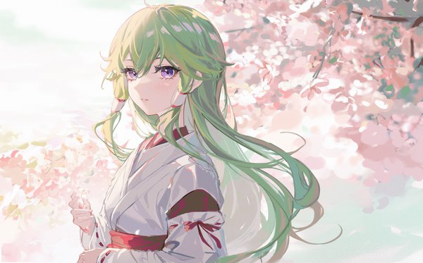 Anime picture 6000x3734 with genshin impact kuki shinobu yutou (yutou75) single long hair fringe highres hair between eyes wide image purple eyes absurdres upper body outdoors traditional clothes japanese clothes green hair cherry blossoms official alternate costume miko girl