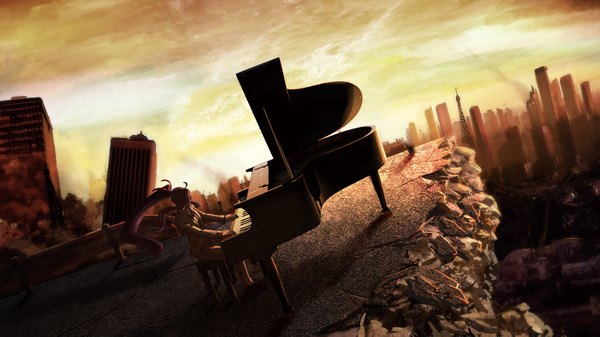 Anime picture 1500x843 with vocaloid kamui gakupo chevasis (artist) single long hair wide image sitting pink hair cloud (clouds) ponytail sunlight city evening sunset cityscape ruins playing instrument boy chair musical instrument