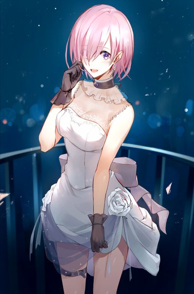 Anime picture 2622x3966 with fate (series) fate/grand order mash kyrielight hoshi rasuku single tall image looking at viewer fringe highres short hair open mouth purple eyes pink hair :d from above hair over one eye sleeveless girl dress gloves
