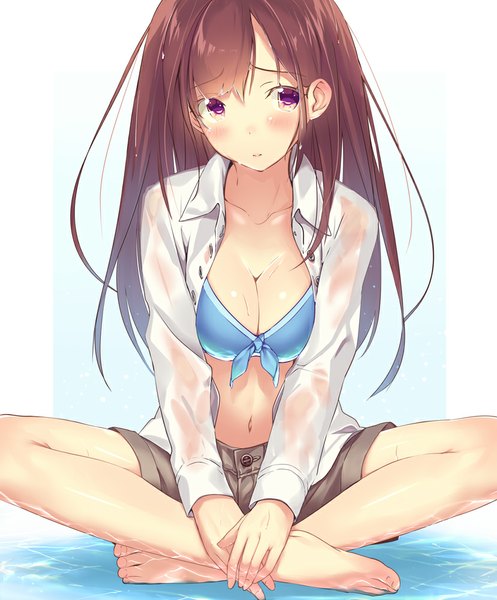 Anime picture 829x1000 with original kinugasa yuuichi single long hair tall image looking at viewer blush fringe breasts light erotic brown hair large breasts sitting bent knee (knees) pink eyes barefoot open clothes bare belly open shirt no shoes