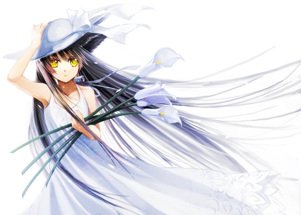 Anime picture 2368x1696 with single long hair highres black hair simple background white background yellow eyes girl flower (flowers) hat sundress