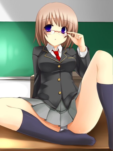 Anime picture 1000x1333 with original tsukumiya amane single tall image looking at viewer short hair light erotic brown hair purple eyes pantyshot pantyshot sitting adjusting glasses girl skirt uniform school uniform miniskirt socks glasses black socks