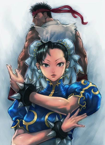 Anime picture 730x1000 with street fighter capcom chun-li ryu (street fighter) boyaking(sbf) tall image looking at viewer short hair black hair simple background white background bare shoulders profile wind black eyes hair bun (hair buns) chinese clothes muscle girl boy