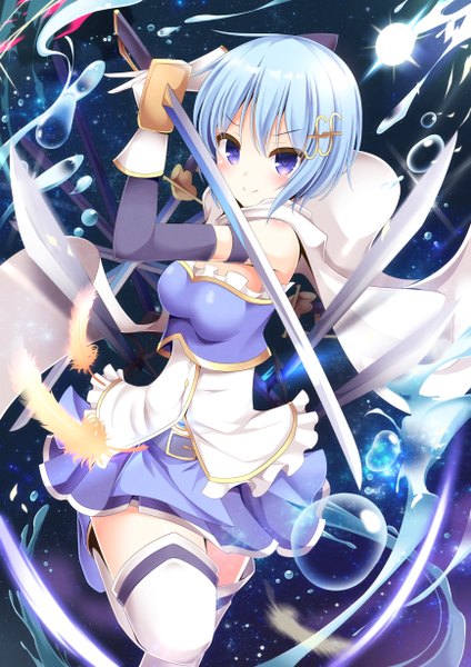 Anime picture 868x1228 with mahou shoujo madoka magica shaft (studio) miki sayaka aibumi single tall image looking at viewer blush short hair blue eyes smile blue hair girl dress gloves weapon sword elbow gloves feather (feathers) bubble (bubbles)