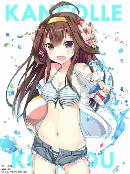 Anime picture 700x935 with kantai collection kongou battleship myuton single long hair tall image looking at viewer blush fringe open mouth light erotic brown hair standing purple eyes bare shoulders holding ahoge hair flower open clothes bare belly